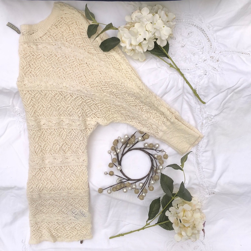 GUESS❓Cream Crochet Tapered 1/2 Sleeve Sweater